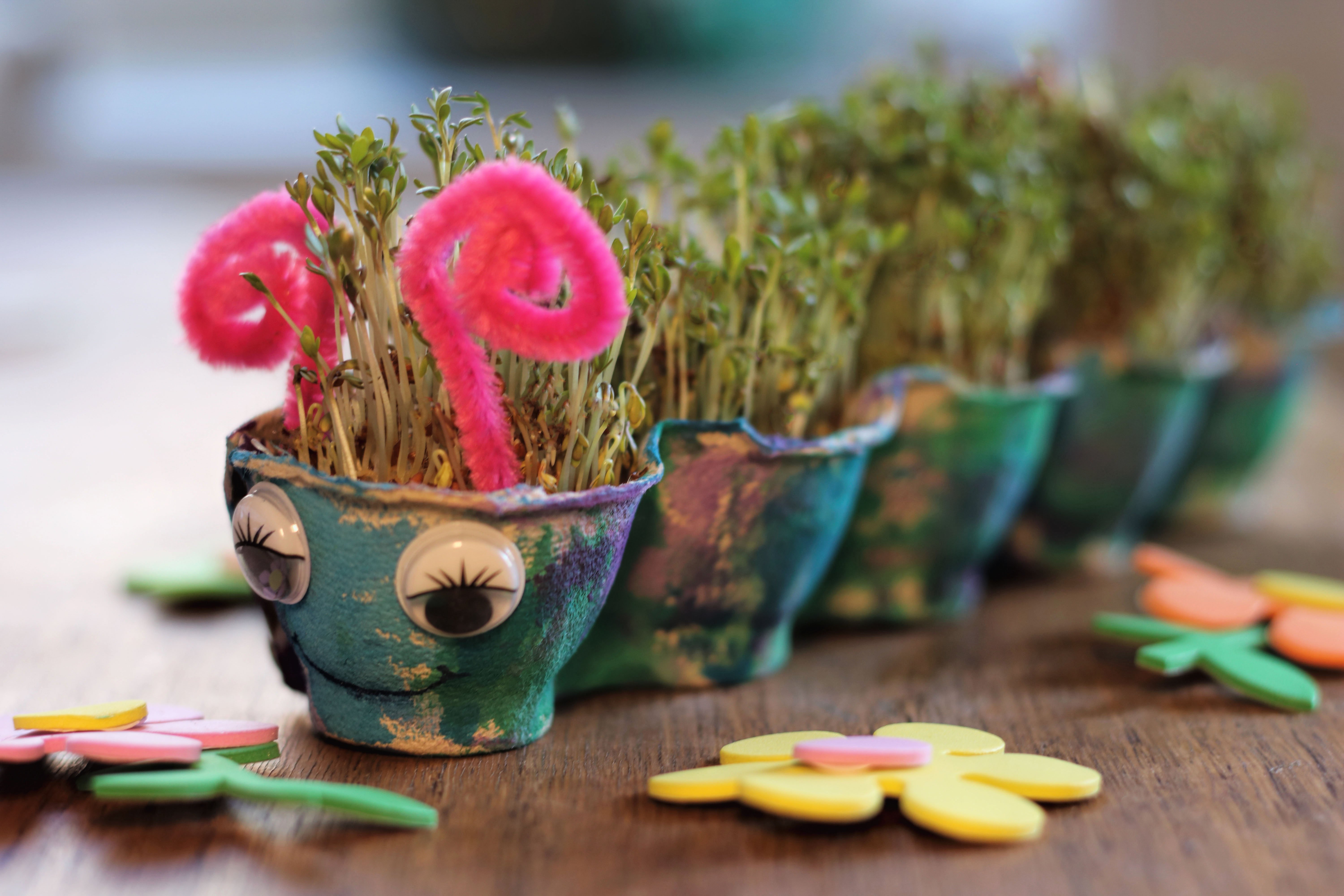 Eierkarton Raupe Kresseraupe basteln mit Kleinkind Ostern Frühjahr u3 unter 3 2 Jahre Wasserfarbe